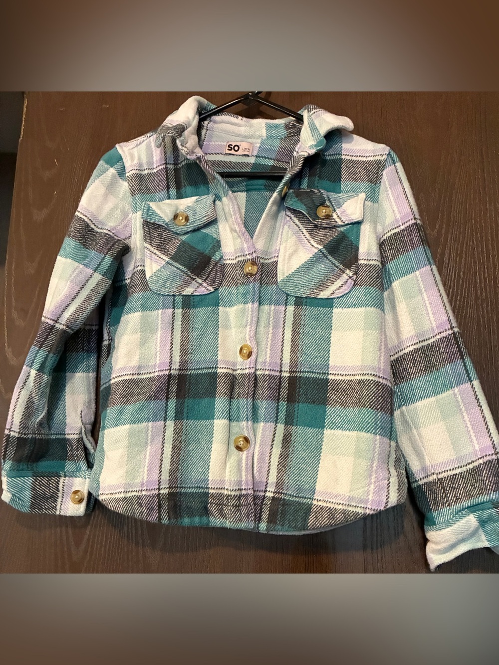 SO Girls Plaid Button-Up Hooded Shacket in Teal, White & Gray